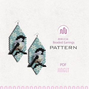 May include: Two beaded earrings with a bird design. The earrings are diamond-shaped with a light blue and white background. The birds are black and white. The text on the image says "BRICK Beaded Earrings PATTERN PDF JINGLY."