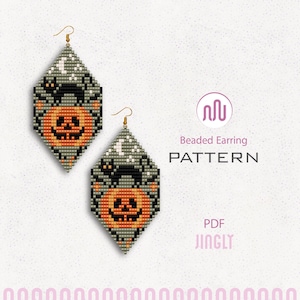 May include: Two beaded Halloween earrings with a diamond shape. Each earring features a jack-o'-lantern, a black cat, and a crescent moon design. The earrings are gray, orange, and black. The text "Beaded Earring PATTERN PDF JINGLY" is also visible.