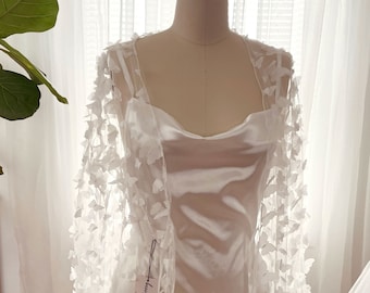 Bridal Robe with Satin Night Slip Set Tulle Butterfly Boudoir Robe Bridal Shower Gifts Honeymoon Tulle Robe Bridesmaid Wedding Robe