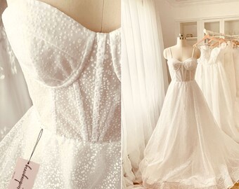 Wedding Dress, Corset Bustier Bodice Spaghetti Sequined Straps Wedding Dress, Glittered Fabric Wedding Dress, A Line Train Wedding Dress