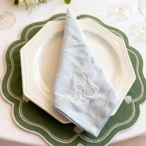 May include: A pale blue linen napkin, embroidered with white initials, sits on a white octagonal plate. The plate is on a green scalloped placemat with white edging. The scene evokes a formal dining setting.