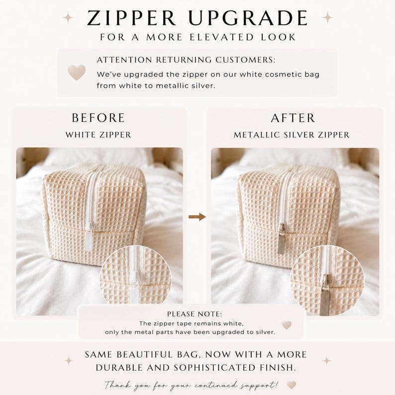 May include: A comparison graphic showing a white waffle-textured cosmetic bag. The left side shows a white zipper labeled BEFORE, and the right side shows a metallic silver zipper labeled AFTER. Text notes the zipper tape remains white.