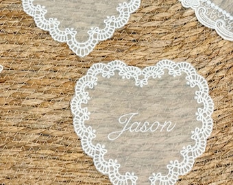 Embroidered Heart Lace Guest Tags, Quiet Luxury Bridal Table Decor