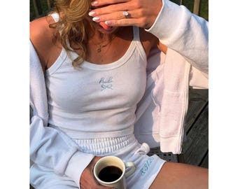 Personalized Bride & Bridesmaid Tank Top – Embroidered Wedding Morning Outfit, Bachelorette Party Gift, Custom Name, White/Blue