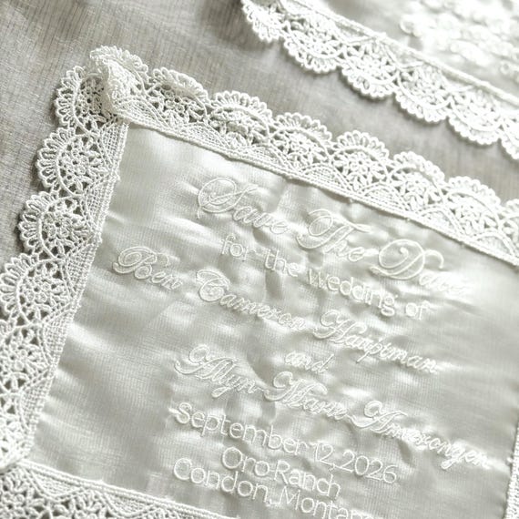 Romantic Lace Tulle Wedding Invitation, Embroidered Sheer Fabric Invite, Floral Lace Edge, Elegant Bridal Invitation