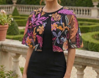 Sequin & Bead Embellished Capelet | 3D Floral Beaded Short Shrug – Elegant Cover Up for Wedding Guest | Sparkling Evening Shawl