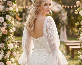 Boho Bridal Sleeves,Long Wedding Sleeves with Embroidered Floral , Detachable Tulle Bridal Arm Cover