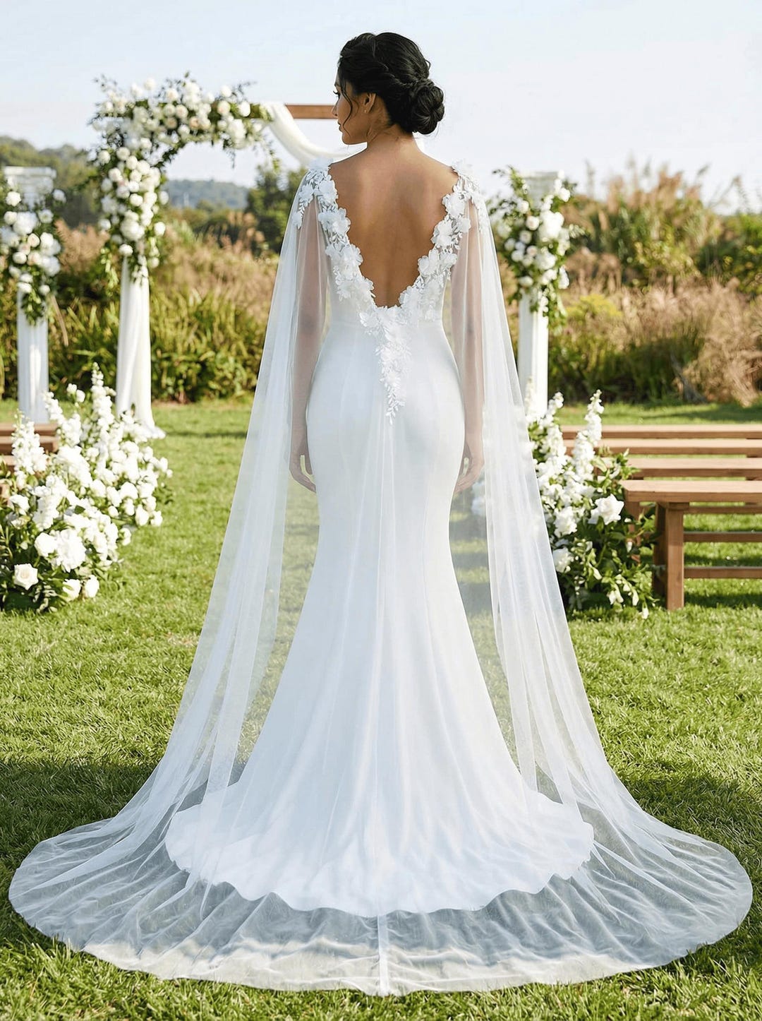 Long Tulle Bridal Cape, Cathedral Length Wedding Cape, 3D Flower ...