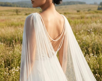 Mantella da sposa in perle, lunga mantella da sposa primaverile in tulle, strascico da sposa lungo fino alla cattedrale, mantella trasparente per abito senza schienale
