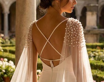 Mantella da sposa con spalle scoperte, velo lungo in tulle con perle, maniche staccabili in perle per abito da sposa, mantella in tulle lunga fino a terra 63"