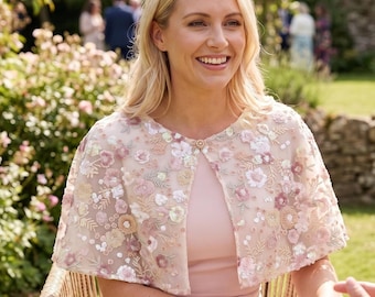 Cape de mariée rose, haussement d'épaules de perles et de sequins, tenue d'invité de mariage, cape florale 3D pour la mère de la mariée, cape de demoiselle d'honneur, châle de soirée scintillant