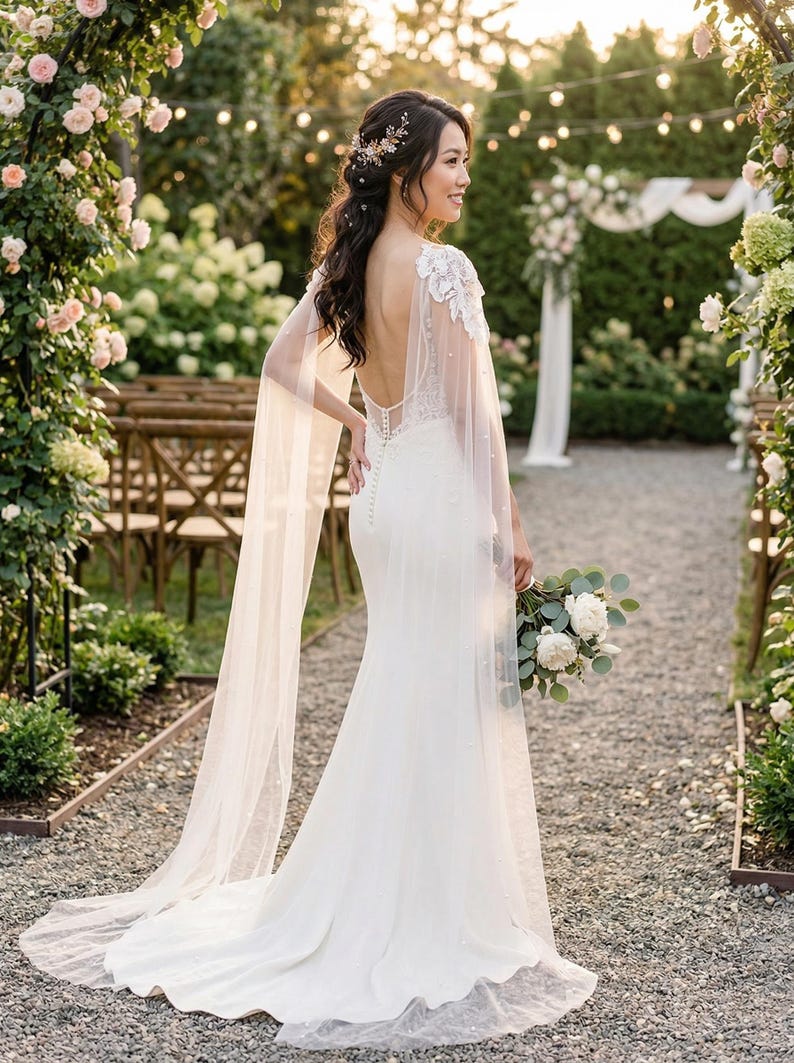 Mantella da sposa con spalle scoperte, lunga mantella in tulle con perle, coprispalle da sposa con applicazioni di fiori in pizzo, strascico trasparente per abito senza schienale immagine 3