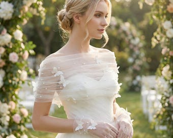 Bridal Bolero, Wedding Shrug with pearl & butterfly , Boho Tulle Bridal Wrap，Spring Sheer Capelet, Adjustable Pearl Tulle Shawl