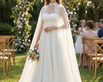 Mantella da sposa con collana, lunga mantella da sposa in tulle con colletto di perline, strascico trasparente lungo fino alla cattedrale per abito senza schienale
