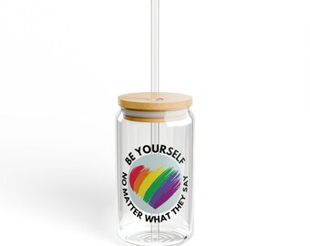 Be Yourself Glass Cup with Bamboo Lid | 16oz Iced Coffee Cup | Rainbow Heart | Pride Gift | Motivational Glass Tumbler