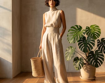 Conjunto de dos piezas para mujer: top sin mangas de cuello alto y pantalón ancho plisado, traje minimalista de verano para vacaciones.