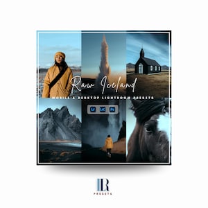 Può includere: Una grafica quadrata con sei foto di paesaggi islandesi. Le foto includono una persona con un cappotto giallo, un geyser, una chiesa nera, montagne, una cascata e un cavallo. Il testo recita "Raw Iceland" e "Mobile & Desktop Lightroom Presets."