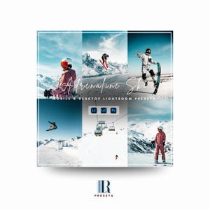 May include: A collage of images featuring skiers and snowboarders in action on snowy mountains. The text "Adrenaline Ski" is overlaid on the images, along with "MOBILE & DESKTOP LIGHTROOM PRESETS" and the logo "IR PRESETS".