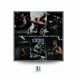 Puede incluir: Imagen promocional para los ajustes preestablecidos de Lightroom móviles y de escritorio "Dark Gym". La imagen es un collage de escenas de gimnasio, con personas haciendo ejercicio con pesas y otros ejercicios. El texto "Dark Gym" está escrito en una fuente estilizada.