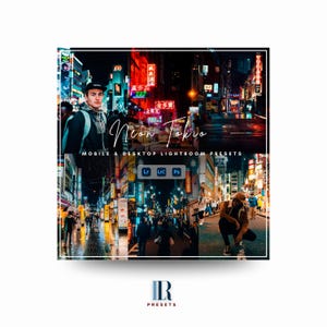 Può includere: Un'immagine promozionale per i preset di Lightroom "Neon Tokio". L'immagine presenta un collage di paesaggi urbani notturni con insegne al neon luminose e il testo "Neon Tokio" in una sceneggiatura stilizzata. La parte inferiore dell'immagine include il testo "MOBILE & DESKTOP LIGHTROOM PRESETS".