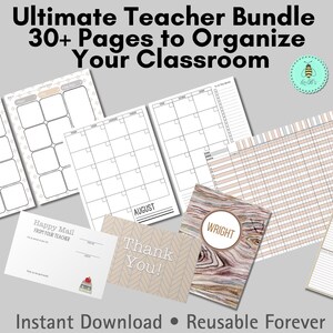 May include: A digital teacher bundle featuring over 30 printable pages for classroom organization. Includes monthly calendars, a grade book, a 'Happy Mail' note, a 'Thank You' card, and a marble-patterned cover page with the name WRIGHT.