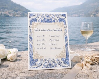 Blue Italian Tile Wedding Invitation Template • Mediterranean Wedding Suite • Lake Como Invitation • Editable Canva Template