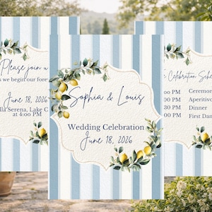May include: Wedding invitation suite with a light blue and white striped background. The invitations feature elegant script with the names "Sophia & Louis" and the date "June 18, 2026". Lemon and greenery accents adorn the design.