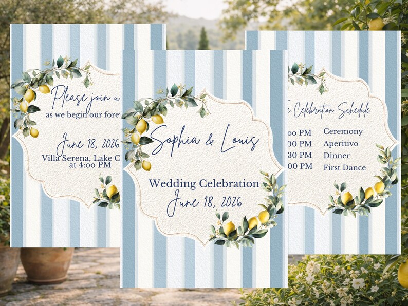 May include: Wedding invitation suite with a light blue and white striped background. The invitations feature elegant script with the names "Sophia & Louis" and the date "June 18, 2026". Lemon and greenery accents adorn the design.