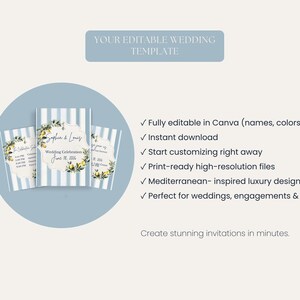 May include: Wedding invitation template with a blue and white striped background. The invitation features floral and lemon accents, with the text "Sophia & Louis" and wedding details. The text "YOUR EDITABLE WEDDING TEMPLATE" is at the top.