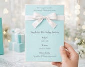Tiffany Blue Birthday Invitation Template • Elegant Bow Invite • Engagement Party Card • Editable Canva Invite • Sweet 16