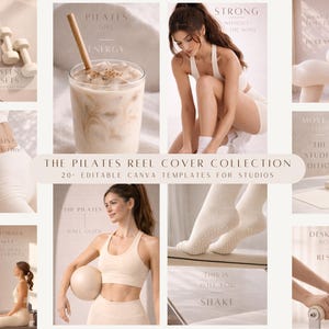 Könnte beinhalten: Eine Sammlung von Pilates-Themen-Canva-Vorlagen. Das Bild zeigt verschiedene Lifestyle-Aufnahmen, darunter ein Getränk mit Strohhalm, eine Frau in Trainingskleidung und den Text "The Pilates Reel Cover Collection".