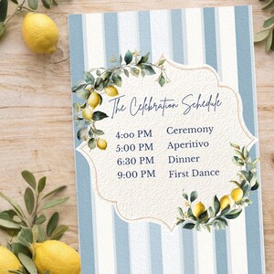 May include: A wedding schedule card with a light blue and white striped background. The card features the text "The Celebration Schedule" and a schedule of events. Lemon and leaf illustrations decorate the card.