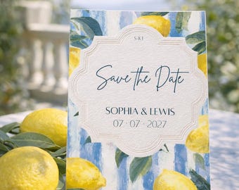 Mediterranean Lemon Wedding Invitation Template • Blue & Yellow Watercolor Wedding Suite • Elegant Citrus Save the Date • Canva Invitation