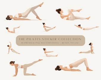 Pilates Instagram Stickers • 10 Story Stickers • Minimal Aesthetic Pilates Illustrations • Transparent Fitness Clipart for Canva