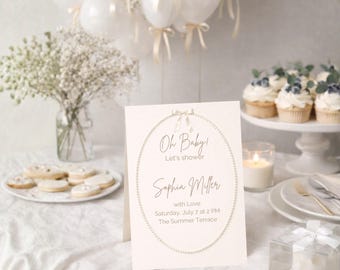 Pearl Baby Shower Invitation Template – Elegant Neutral Baby Shower Invite – Editable Canva Template – Babys Birthday Invitation