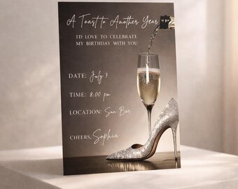 Luxury Champagne Birthday Invitation Template, Glam High Heel Party Invite, Modern Elegant Womens Birthday, Canva Download