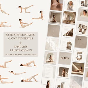Könnte beinhalten: Ein digitales Produkt mit Illustrationen von Frauen, die Pilates-Übungen machen, sowie Vorlagen für Canva. Der Text lautet "52 Reformer Pilates Canva Templates + 10 Pilates Illustrationen Ultimate Pilates Content Duo."
