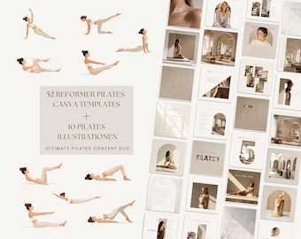 Reformer Pilates Instagram Bundle – 52 Canva Templates + 10 PNG Pilates Illustrations | Neutral Cream Aesthetic Instagram Templates