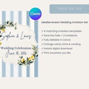 May include: A Mediterranean wedding invitation set with a light blue and white striped background. The invitation features the names "Sophia & Louis" and the date "June 18, 2026". The design includes lemon and leaf accents, and the Canva logo.