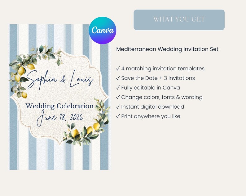 May include: A Mediterranean wedding invitation set with a light blue and white striped background. The invitation features the names "Sophia & Louis" and the date "June 18, 2026". The design includes lemon and leaf accents, and the Canva logo.