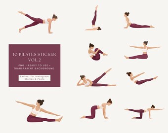 Pilates Instagram Stickers • 10 Story Stickers • Pilates Clipart • Fitness Illustrations • Aesthetic Wellness Stickers Dark Red/Mauve Vol2