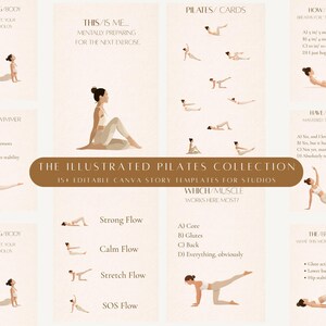 Könnte beinhalten: Eine Sammlung von Pilates-Übungskarten mit Illustrationen verschiedener Posen. Die Karten enthalten Texte wie "Strong Body", "The Swimmer" und "The Bridge". Das Farbschema ist Beige und Braun.