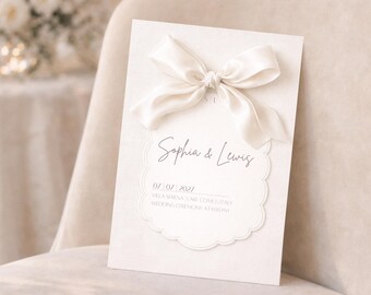 Elegant Bow Wedding Invitation Template Set • Luxury Scalloped Frame • Editable Canva Template • Neutral Cream Wedding Suite