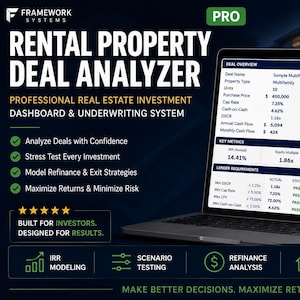 May include: A laptop screen shows a real estate investment dashboard with financial data and the text "Rental Property Deal Analyzer." The screen displays key metrics, lender requirements, and financing assumptions. The interface is designed for investors to analyse deals and maximise returns.