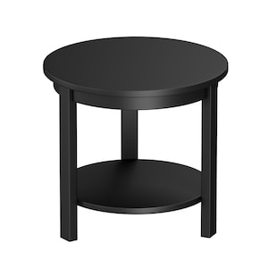 May include: A black round side table with a lower shelf. The table has a simple design with a circular top and a lower shelf, supported by four square legs. The table is approximately 20 inches in diameter and 20 inches tall.