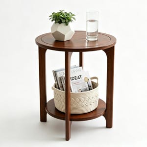 May include: A round wooden side table with a dark brown finish, featuring a lower shelf holding a cream-colored woven rope basket filled with magazines. On the tabletop sits a white geometric planter with a green plant and a clear glass of water.