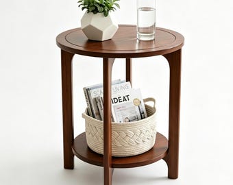 Solid Pine Wood Round Side Table, 2-Tier Storage Nightstand - 17"Dia×22"H