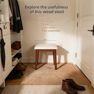 May include: A wooden stool with a white cushioned seat and dark brown legs, for entryway. The stool is 15 inches wide, 11 inches deep, and 18 inches high. Text on the wall reads "Explore the usefulness of this wood stool."