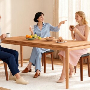 May include: Three people seated around a light wood dining table, enjoying a meal. The table is rectangular with rounded corners. There are fruits, cookies, and drinks on the table. The people are dressed in casual attire.