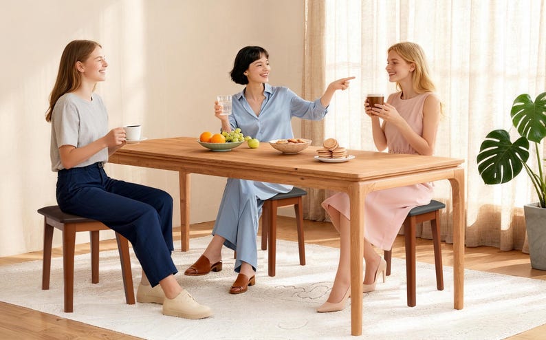 May include: Three people seated around a light wood dining table, enjoying a meal. The table is rectangular with rounded corners. There are fruits, cookies, and drinks on the table. The people are dressed in casual attire.